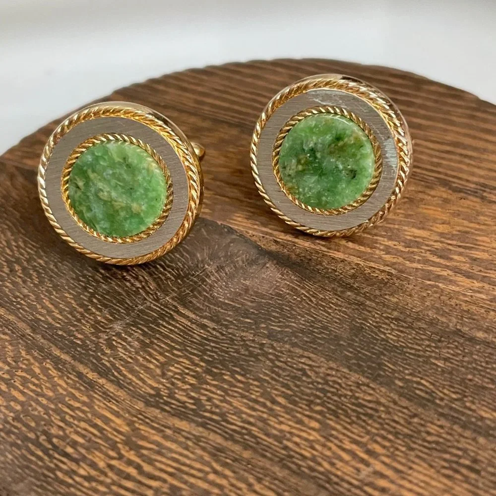 Vintage Green Green Gemstone Gold Tone Cuff Links